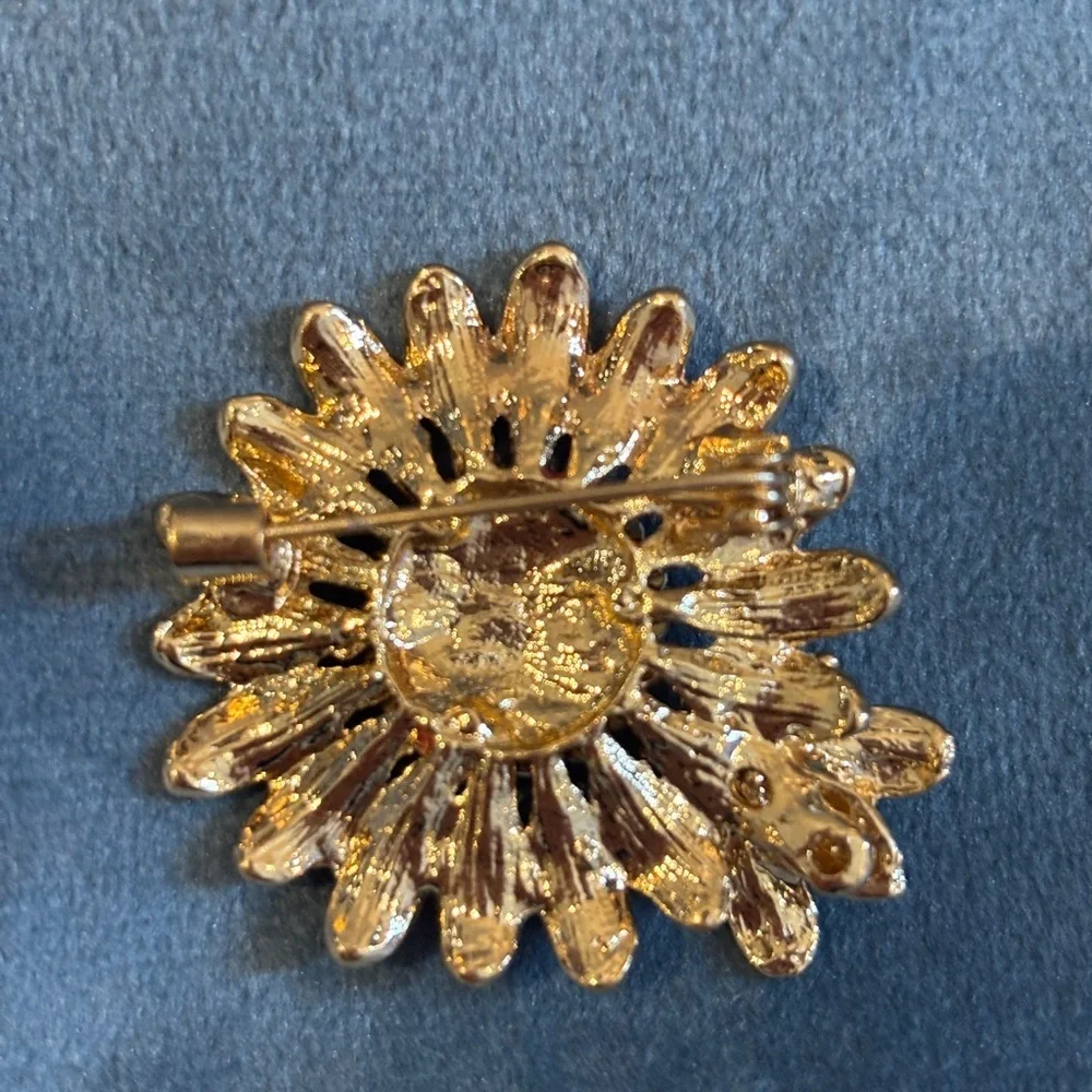 Source Unknown Orange and Yellow Brooch with Rhinestones